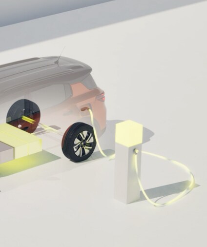 Transparentes Opel Elektrofahrzeug, das an einer Ladestation lädt, mit hervorgehobener Batterie.