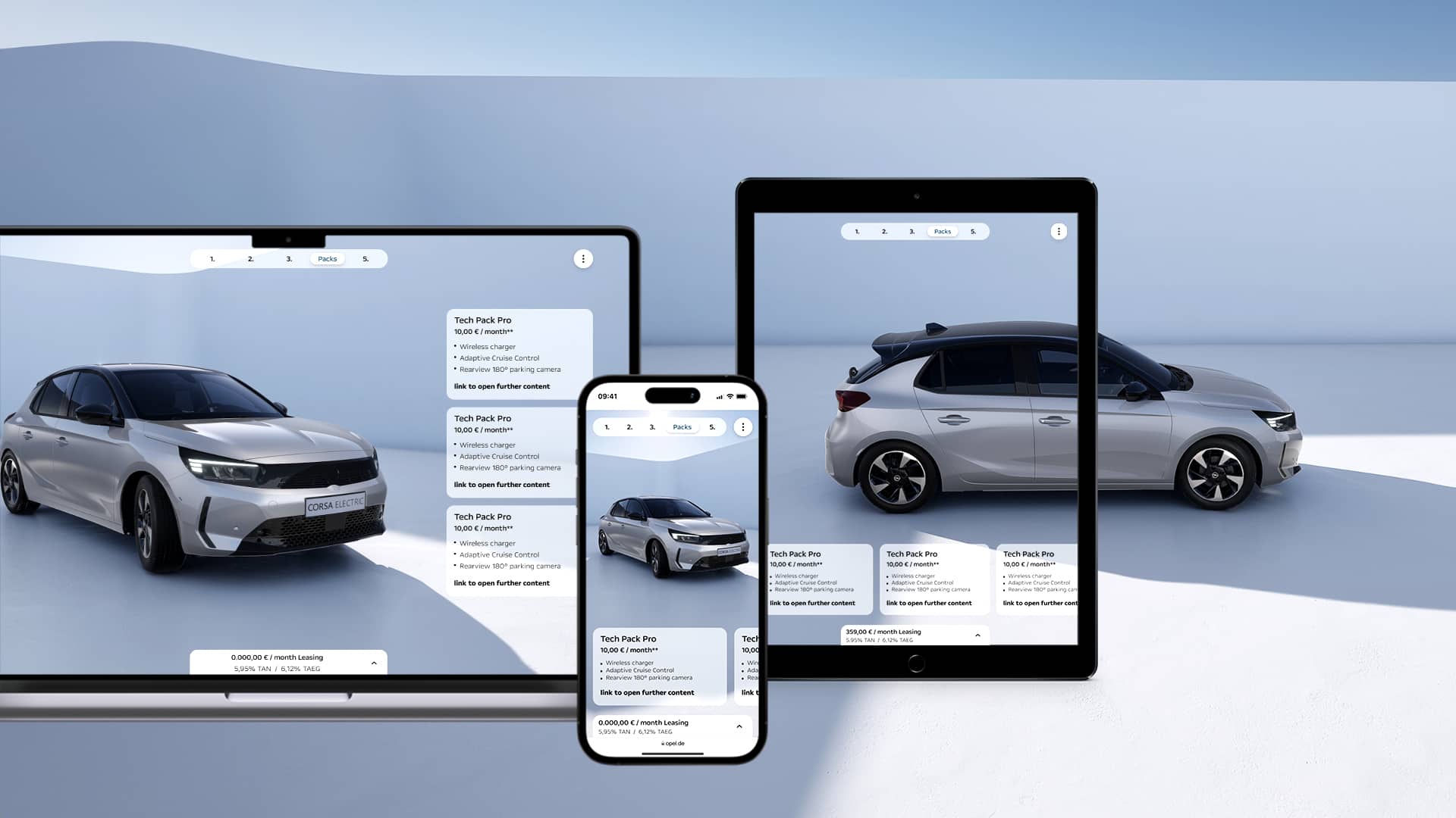 MacBook-, iPhone- und iPad-Ansichten der Online-Bestelloberfläche für einen silbernen Opel Corsa